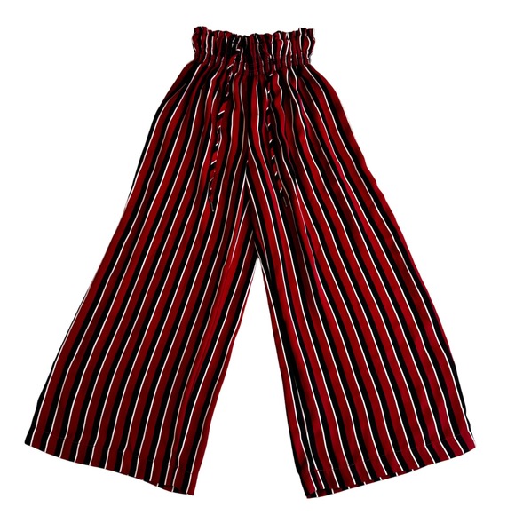 Glassons Size 6 Red White Black Striped Wide Leg Cropped Paper Bag Waist Pants - Picture 1 of 7